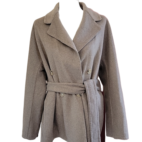 Vince Taupe Double Breasted Belted Wool Blend Wrap Coat Size Large EUC - Picture 1 of 9
